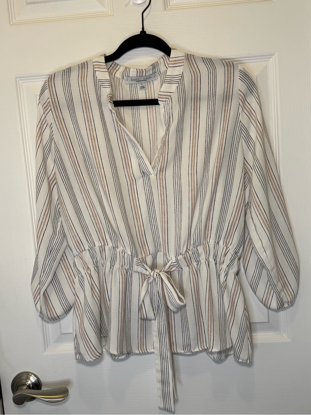 Sweet Rain Striped Peplum Blouse Size Large Drawstring Waist Boho - Picture 2 of 6